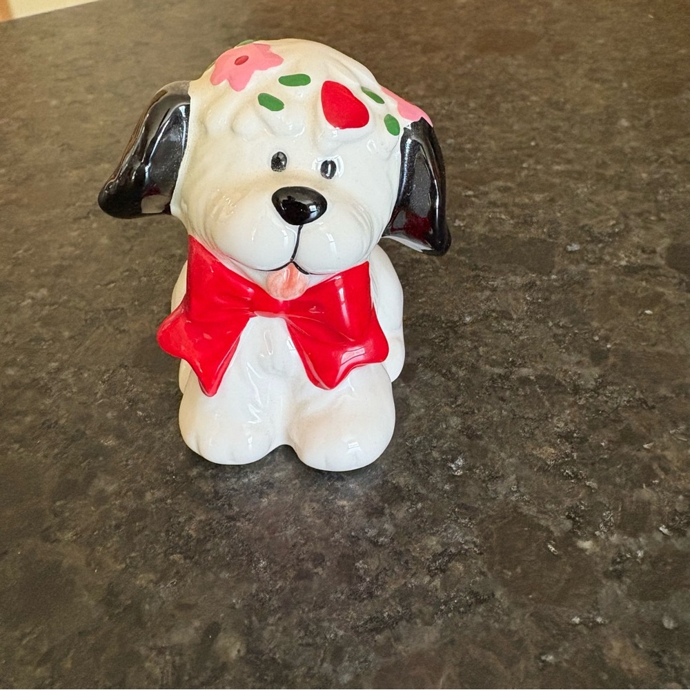 Josef Originals Dog Puppy with Red Bow Hearts and Flowers Figurine